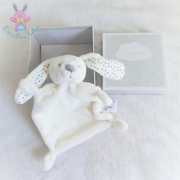 Doudou plat Lapin blanc gris étoiles VERTBAUDET