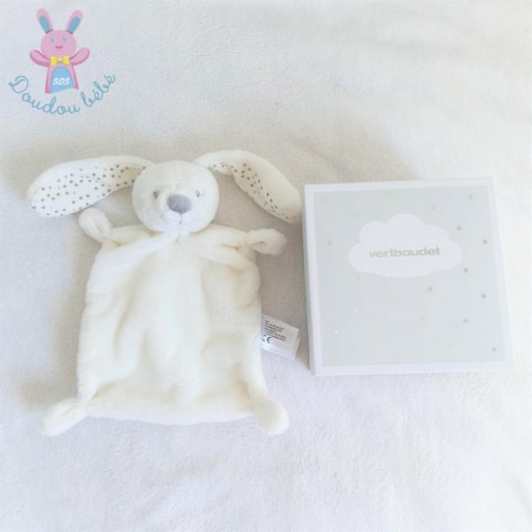 Doudou plat Lapin blanc gris étoiles VERTBAUDET