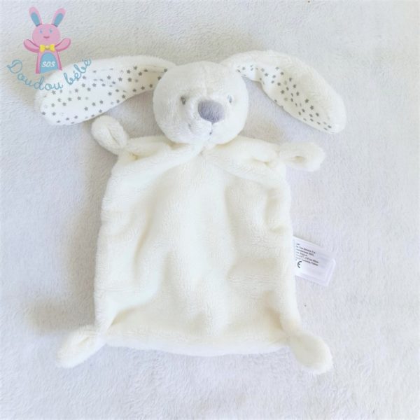 Doudou plat Lapin blanc gris étoiles VERTBAUDET