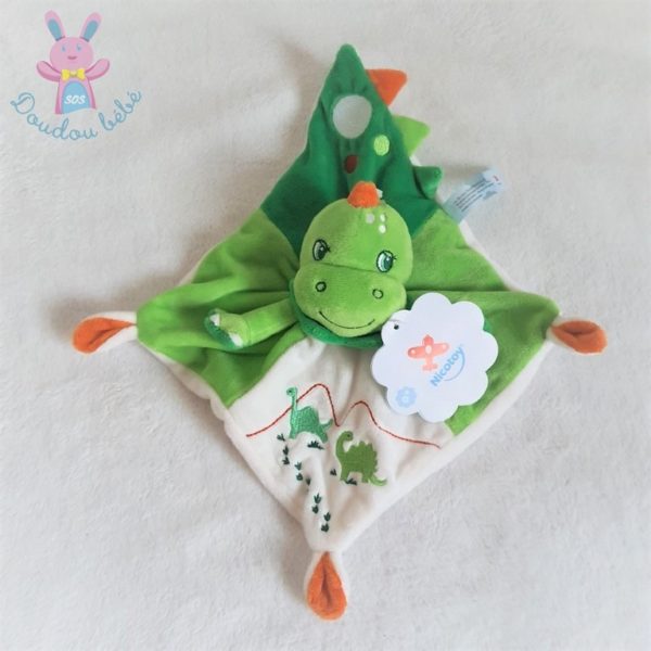 Doudou plat Dinosaure vert blanc orange NICOTOY SIMBA