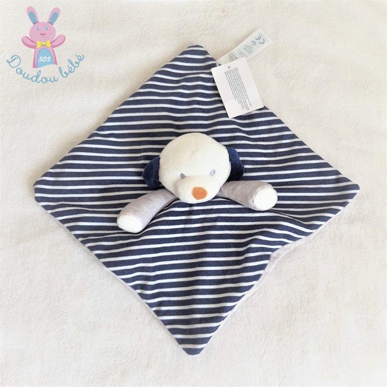 Doudou plat Chien rayé marine blanc OBAIBI