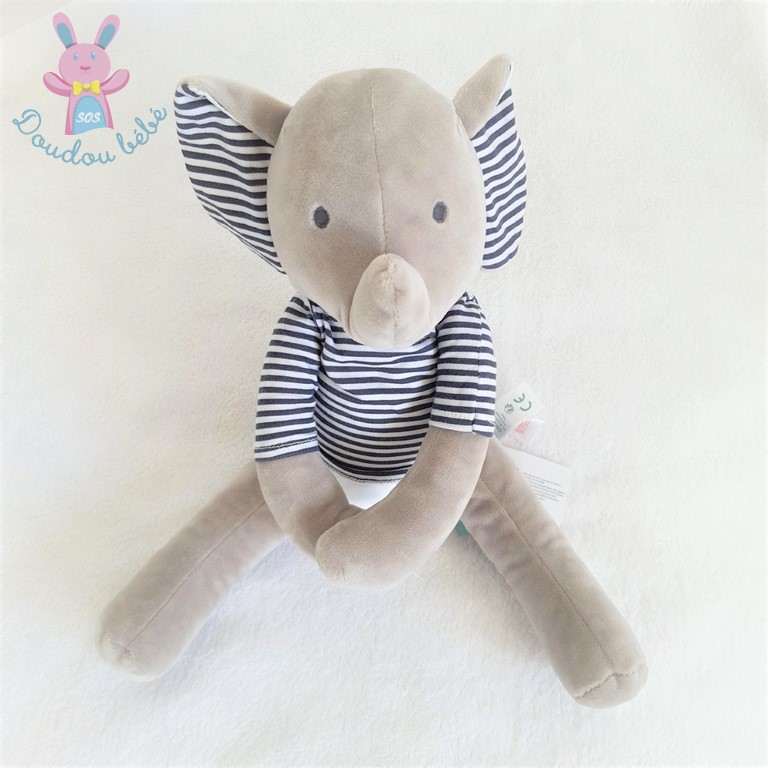 Doudou éléphant gris blanc oreilles t-shirt rayé bleu OBAIBI OKAIDI