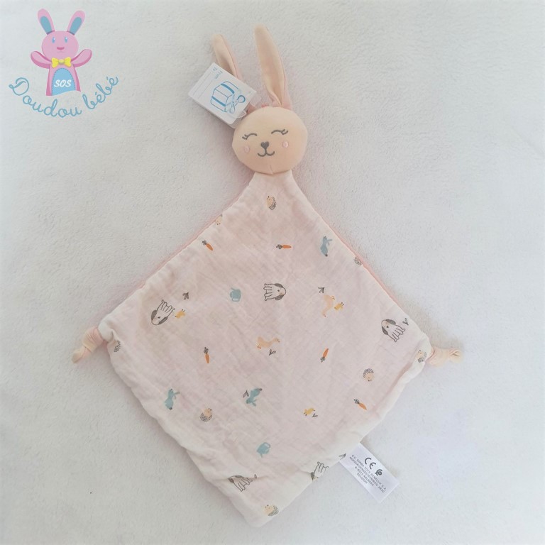 Doudou plat Lapin lange blanc rose chien hérisson carotte SIMBA