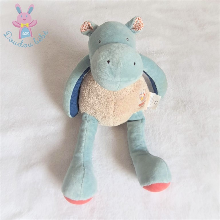 Doudou Hippopotame Les Papoum bleu beige MOULIN ROTY