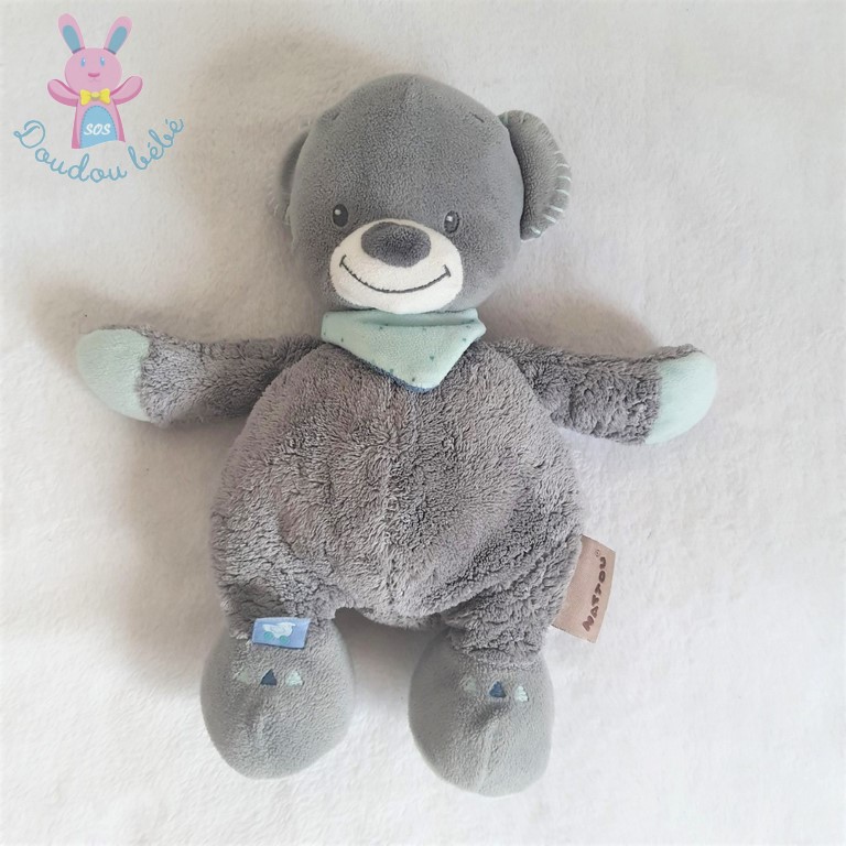 Doudou Ours Jules gris bleu blanc foulard 30 cm NATTOU