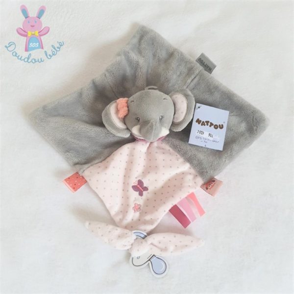 Doudou plat éléphant Adèle et Valentin gris rose à pois NATTOU