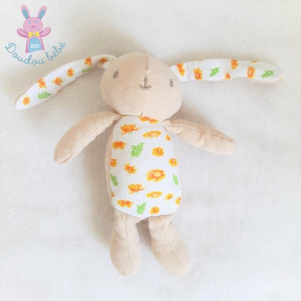 Doudou Lapin beige blanc fleurs orange KLORANE OEKO TEX