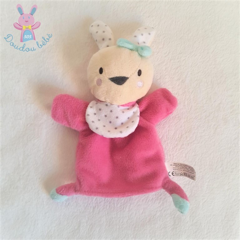 Doudou Lapin marionnette rose blanc étoiles Tom & Zoé