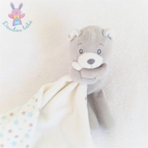 Doudou Ours mouchoir blanc gris bleu étoiles MATHILDE M