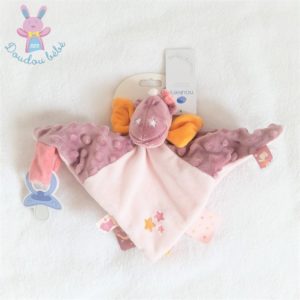 Doudou plat Dragon Victoria rose mauve attache tétine NOUKIE’S