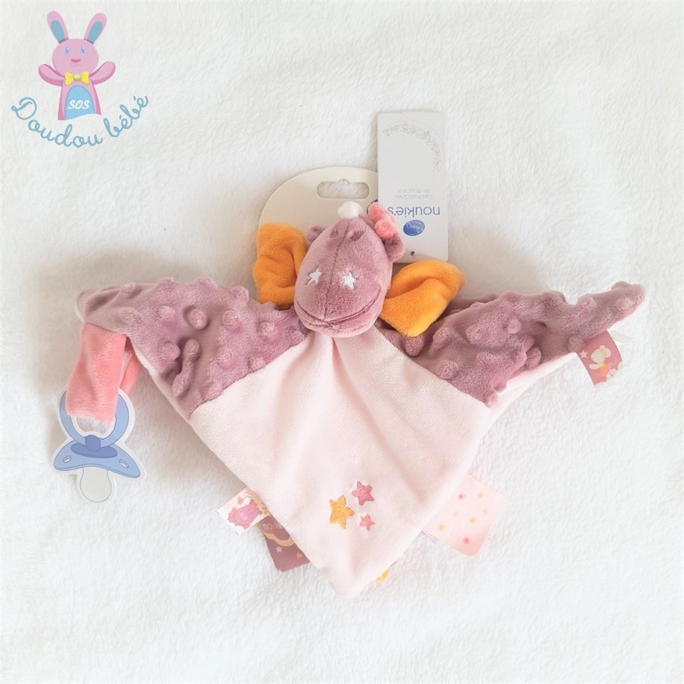 Doudou plat Dragon Victoria rose mauve attache tétine NOUKIE'S