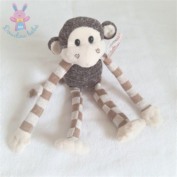 Doudou peluche Singe marron blanc rayé tricot SMALI