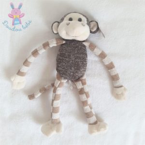 Doudou peluche Singe marron blanc rayé tricot SMALI