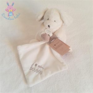 Chien blanc beige mouchoir « J’aime mon doudou » DOUDOU ET COMPAGNIE