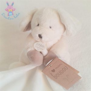 Chien blanc beige mouchoir « J’aime mon doudou » DOUDOU ET COMPAGNIE