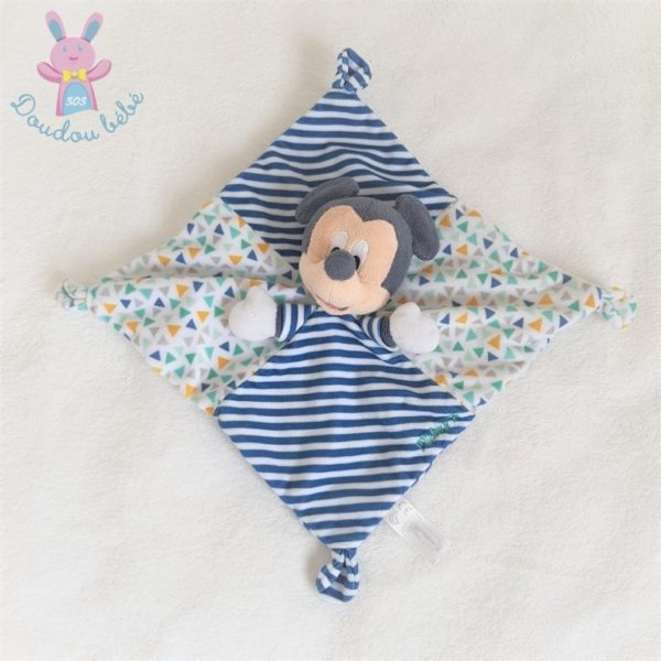 Doudou plat Mickey rayé bleu marine et blanc triangles colorés DISNEY