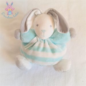 Doudou Lapin boule créations tendres rayé bleu aqua blanc KALOO