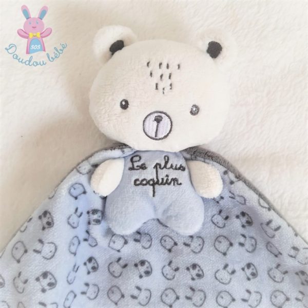 Doudou Ours bleu gris cape "Le plus coquin" MOTS D'ENFANTS