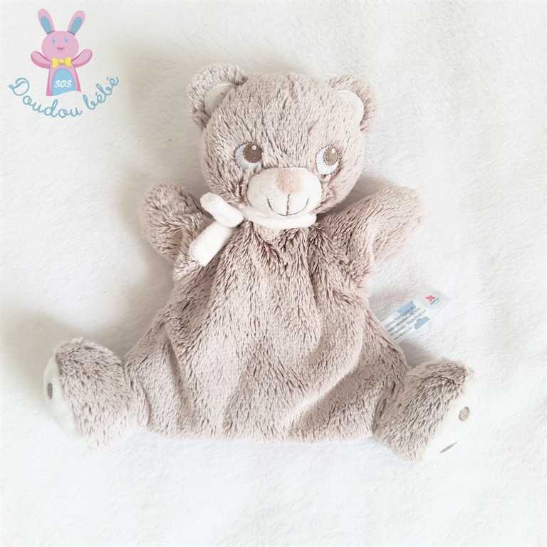 Doudou marionnette Ours beige chiné blanc écharpe NICOTOY