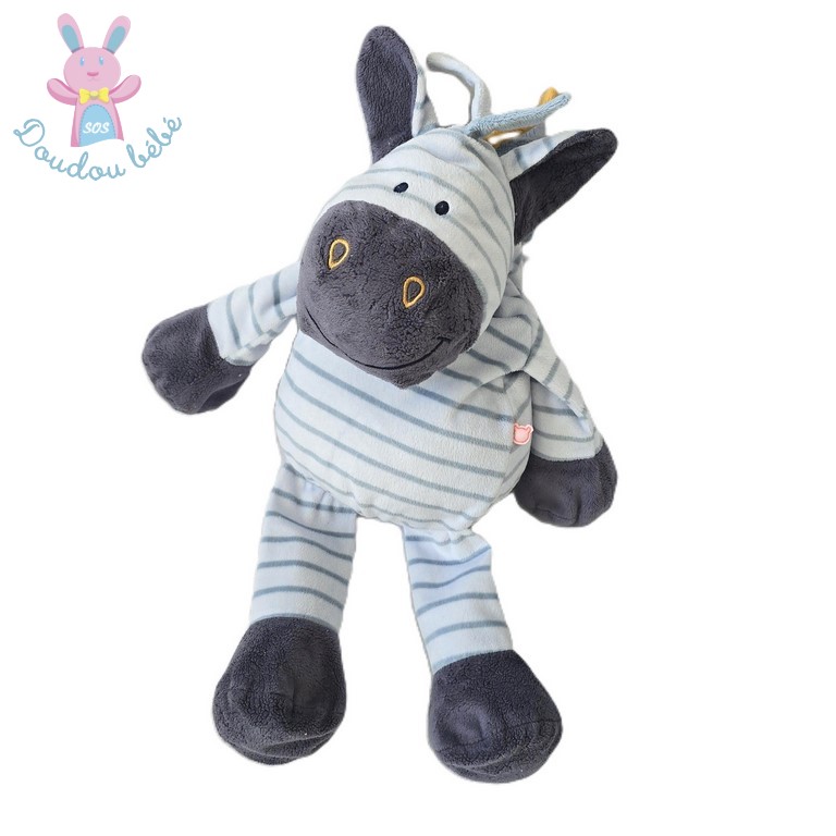 Doudou Zèbre Achille et Zébrito bleu rayé 45 cm NOUKIE'S