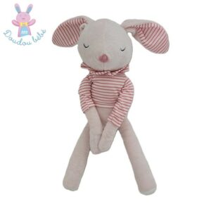 Doudou Lapin rose pull oreilles rayé OBAIBI OKAIDI