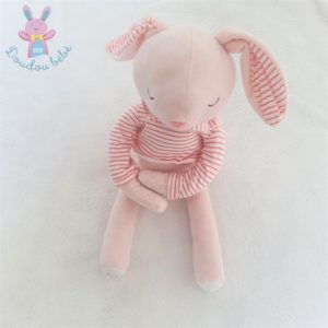 Doudou Lapin rose pull oreilles rayé OBAIBI OKAIDI