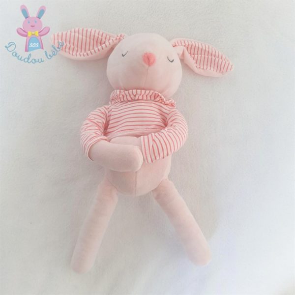 Doudou Lapin rose pull oreilles rayé OBAIBI OKAIDI