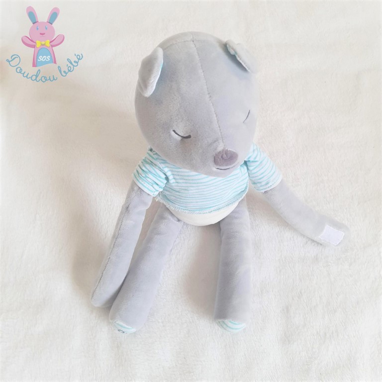 Doudou Ours gris blanc avec t-shirt rayé bleu OBAIBI OKAIDI