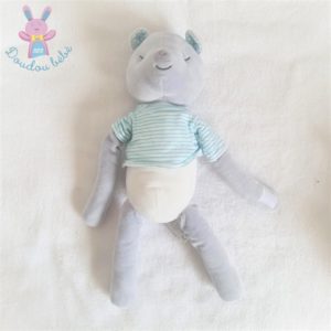 Doudou Ours gris blanc avec t-shirt rayé bleu OBAIBI OKAIDI