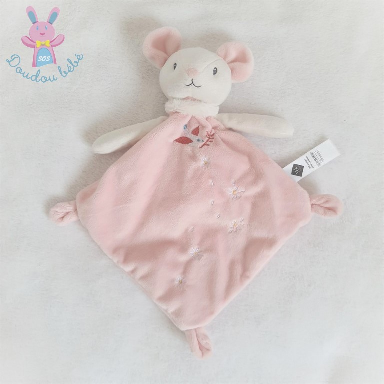 Doudou plat Souris rose blanc fleurs marguerite oiseau TEX BABY