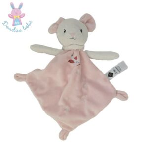 Doudou plat Souris rose blanc fleurs marguerite oiseau TEX BABY