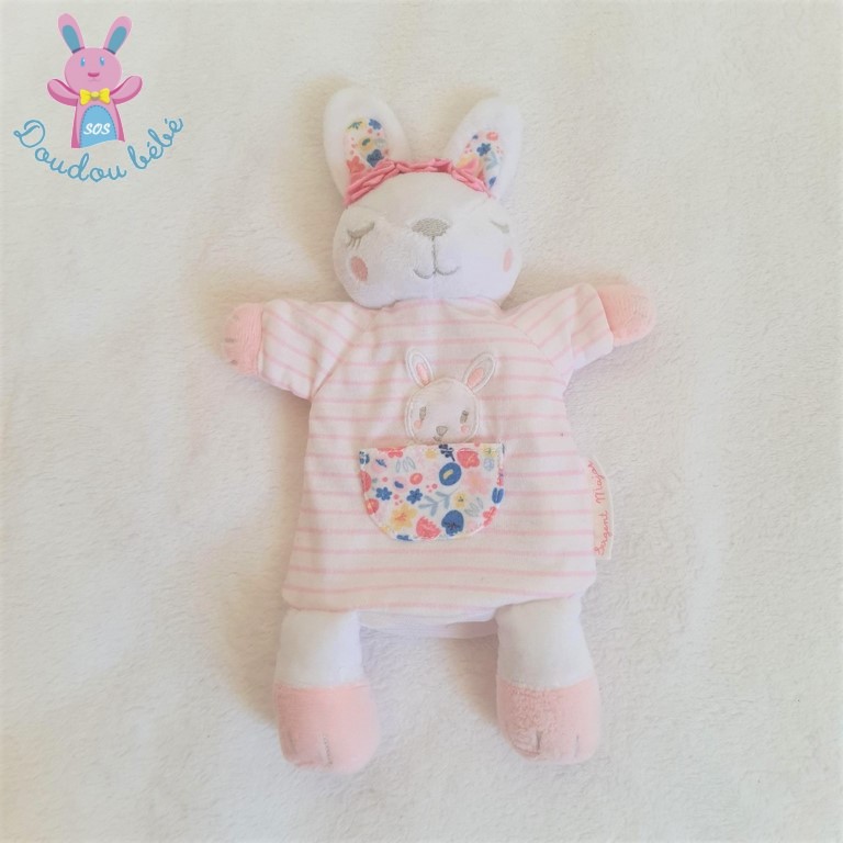 Doudou Lapin marionnette rayé rose blanc poche SERGENT MAJOR