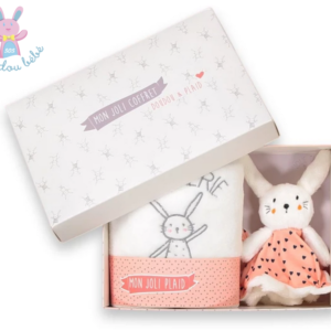 Coffret Lapin plat blanc rose coeur + couverture LA REDOUTE