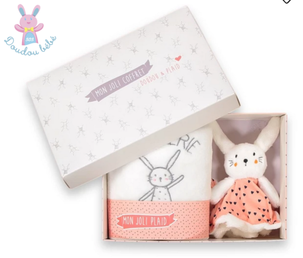 Coffret Lapin plat blanc rose coeur + couverture LA REDOUTE