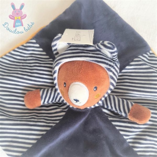 Doudou plat Ours capuche marron bleu marine blanc rayé Gémo