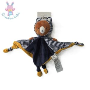 Doudou plat Ours capuche marron bleu marine blanc rayé Gémo