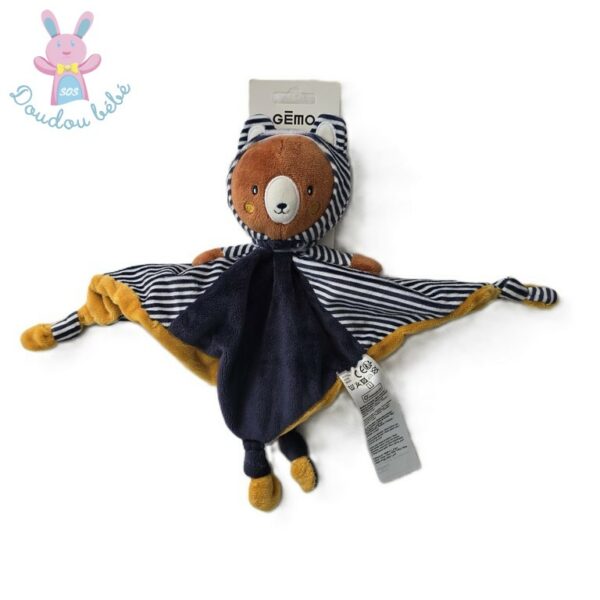 Doudou plat Ours capuche marron bleu marine blanc rayé Gémo