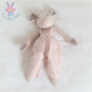 Doudou Souris velours gris salopette blanc fleurs BOUCHARA