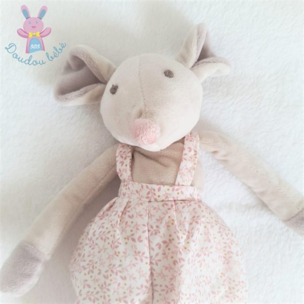 Doudou Souris velours gris salopette blanc fleurs BOUCHARA