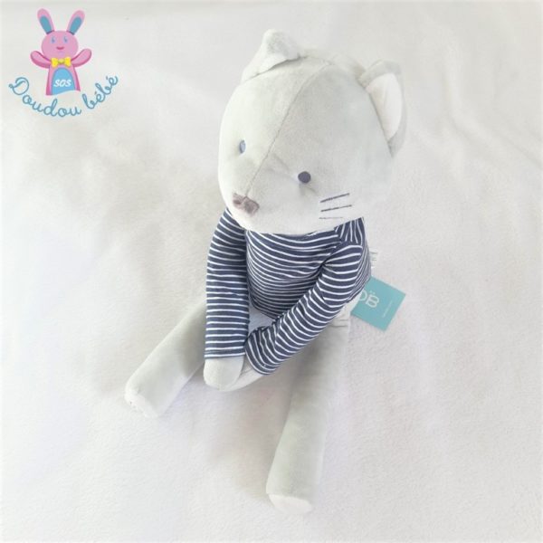 Doudou Chat gris pull rayé bleu marine blanc OBAIBI OKAIDI