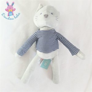 Doudou Chat gris pull rayé bleu marine blanc OBAIBI OKAIDI