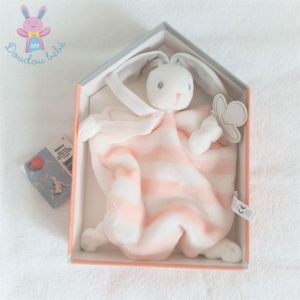 Doudou plat Lapin rayé rose pêche blanc créations tendres KALOO