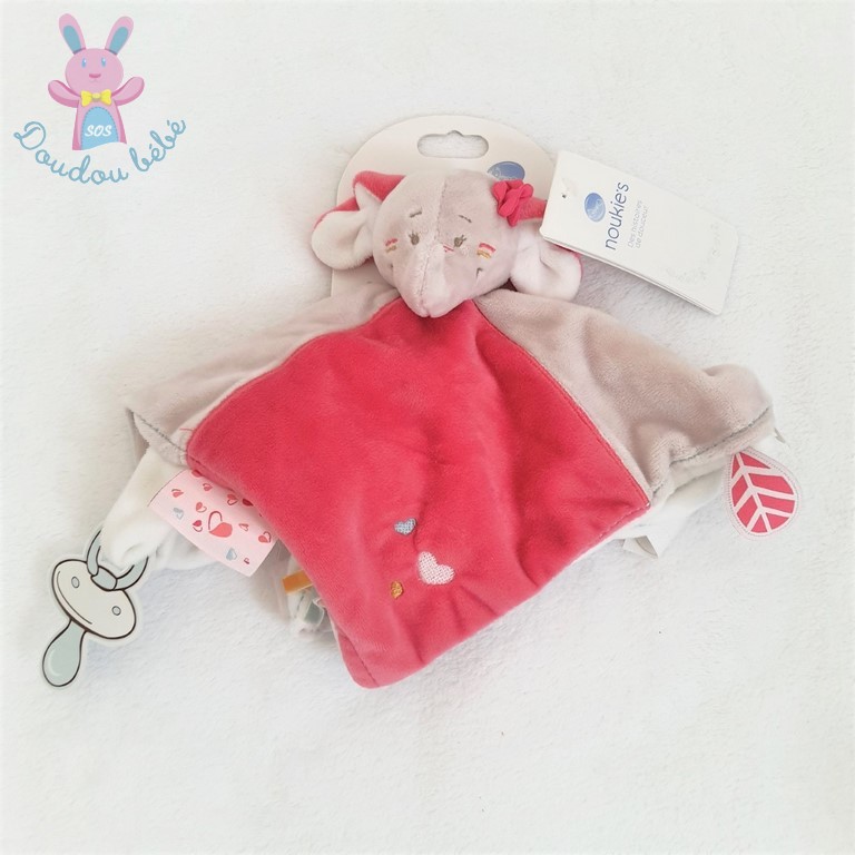 Doudou plat éléphant Anna & Pili rose beige attache tétine NOUKIE'S