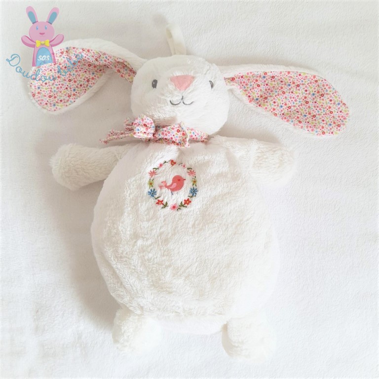 Doudou Lapin range pyjama blanc fleurs oiseau POMMETTE