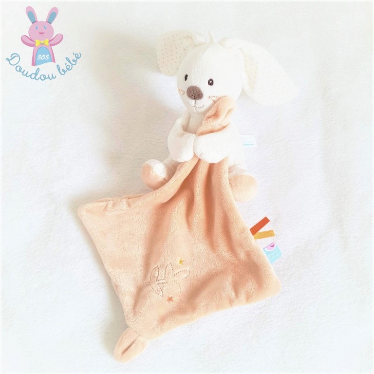 Doudou Lapin blanc pois mouchoir beige SUCRE D'ORGE