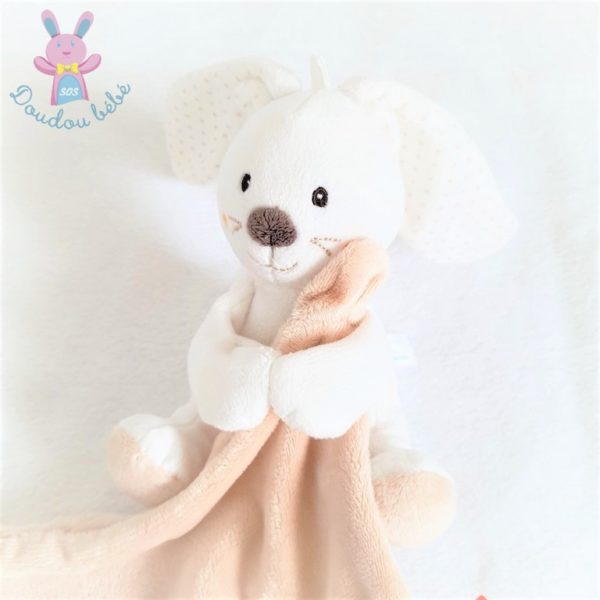 Doudou Lapin blanc pois mouchoir beige SUCRE D'ORGE