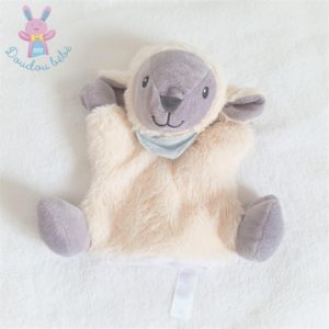 Doudou Mouton marionnette blanc gris foulard bleu TEX CARREFOUR