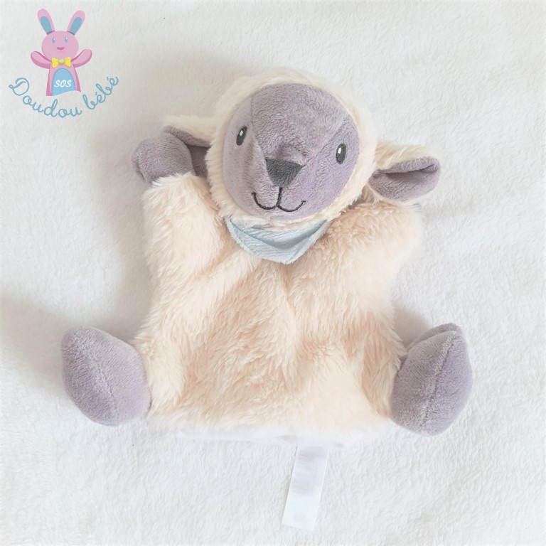 Doudou Mouton marionnette blanc gris foulard bleu TEX BABY