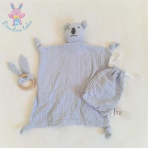 Doudou plat Koala lange bleu noir + sac + anneau VERTBAUDET