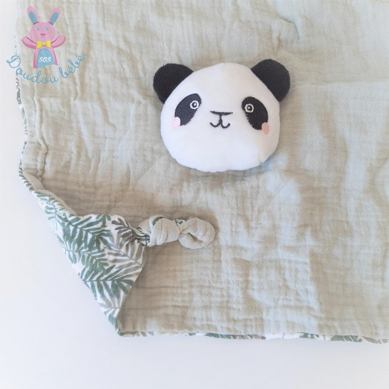 Doudou plat Panda blanc noir lange vert feuilles VERTBAUDET
